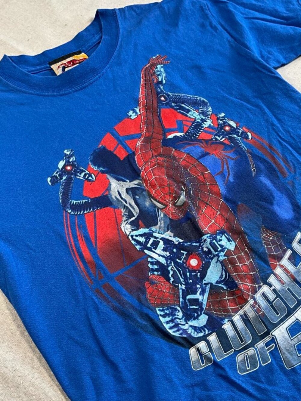 Y2K Boys Spider-Man 2 Blue Double Sided Doc Ock Graphic Tee (Medium 8)